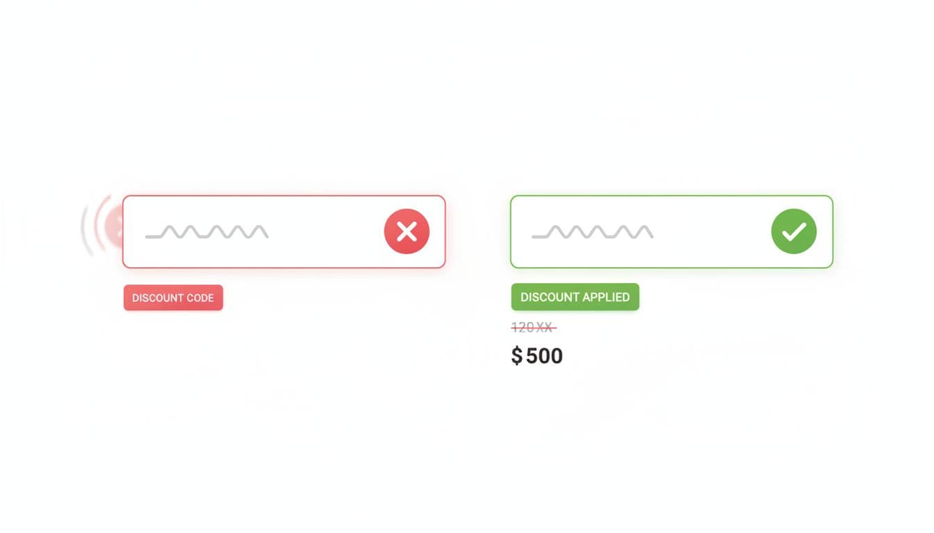 Side-by-side examples of a promo code field in an e-commerce checkout form: left with red error icon and implied shake animation, right with green success checkmark and discount applied showing reduced total; modern UI on clean white background.
