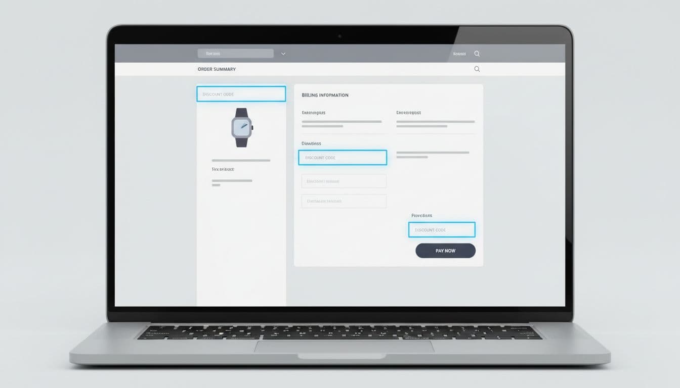 Clean e-commerce checkout page on a laptop screen viewed from above, with discount code fields highlighted in three positions: top near order summary, middle in billing section, and bottom before payment button. Simple cart with one product, neutral colors, modern flat design, bright even lighting, landscape aspect ratio, no people, hands, readable text, watermarks, or logos.