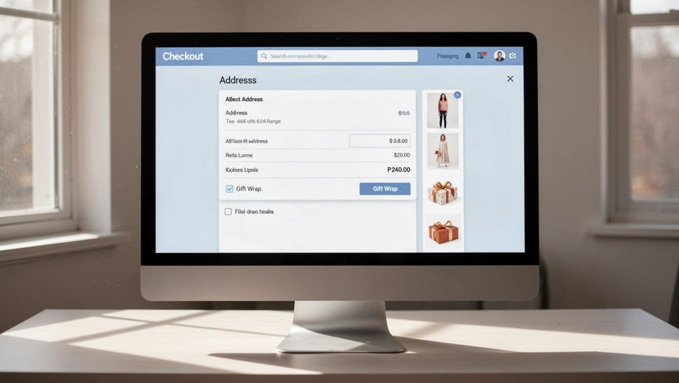 Modern desktop mockup of ecommerce checkout interface with gift wrap checkbox below shipping address in a clean two-column layout and order summary sidebar.