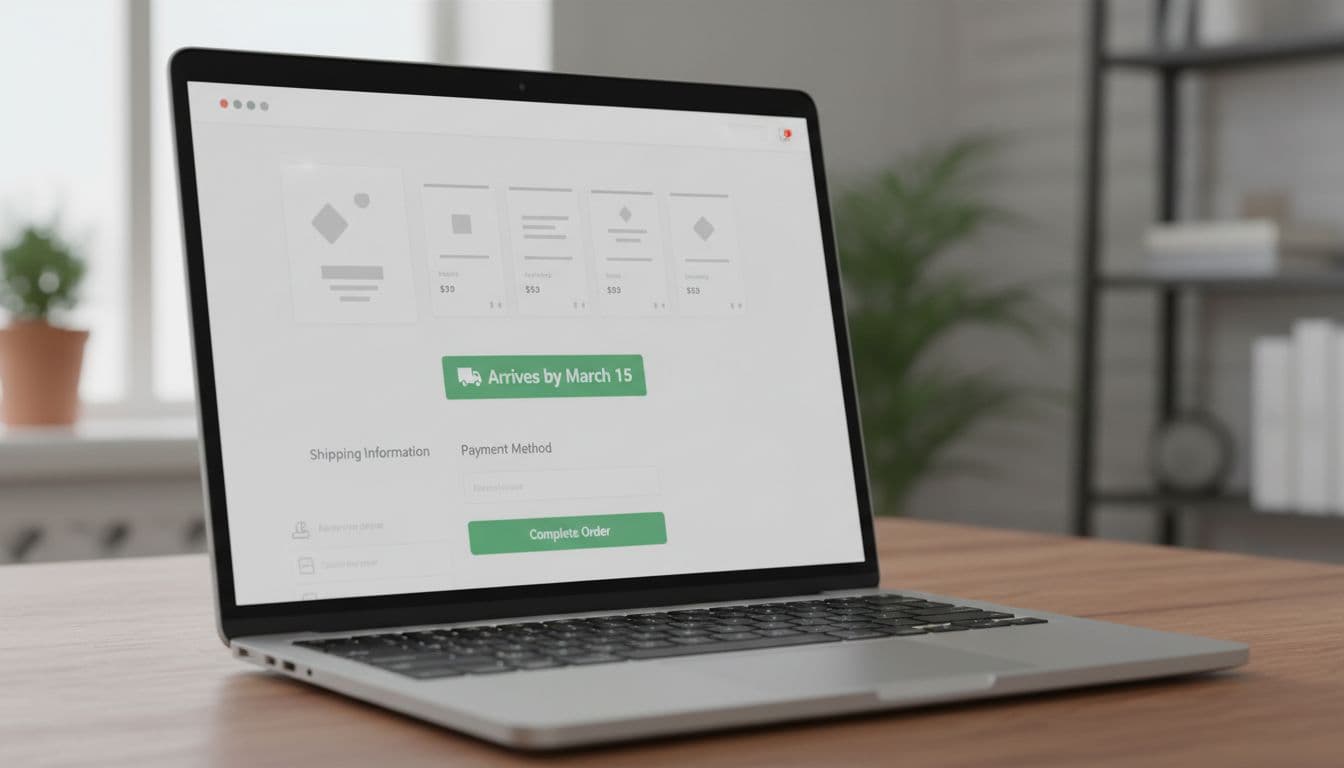 Clean ecommerce checkout screen on a laptop displaying a product cart with a prominent green badge showing 'Arrives by March 15', simple UI, realistic lighting, high detail.
