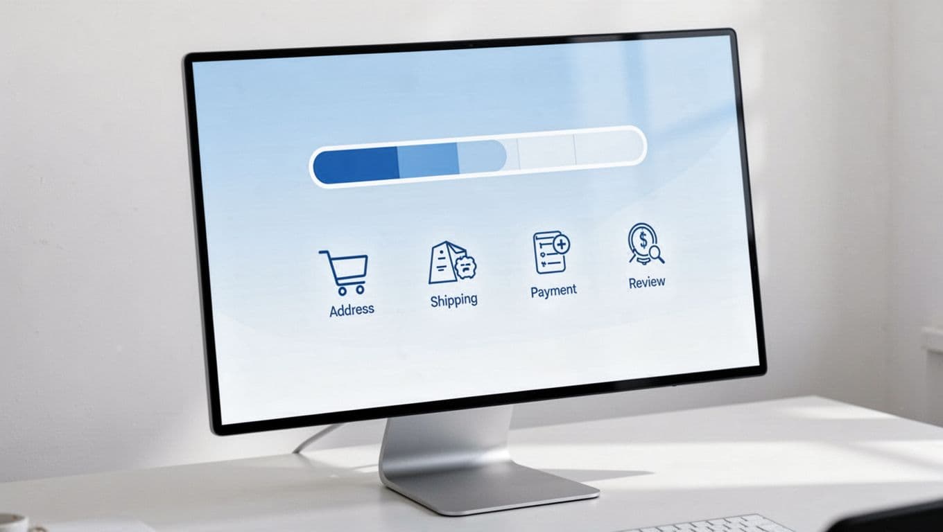 Clean desktop ecommerce checkout interface with a horizontal progress bar at the top showing 3 out of 5 steps complete, labeled with icons for cart, address, shipping, payment, and review. Modern flat design in soft blue and white colors with bright even lighting.