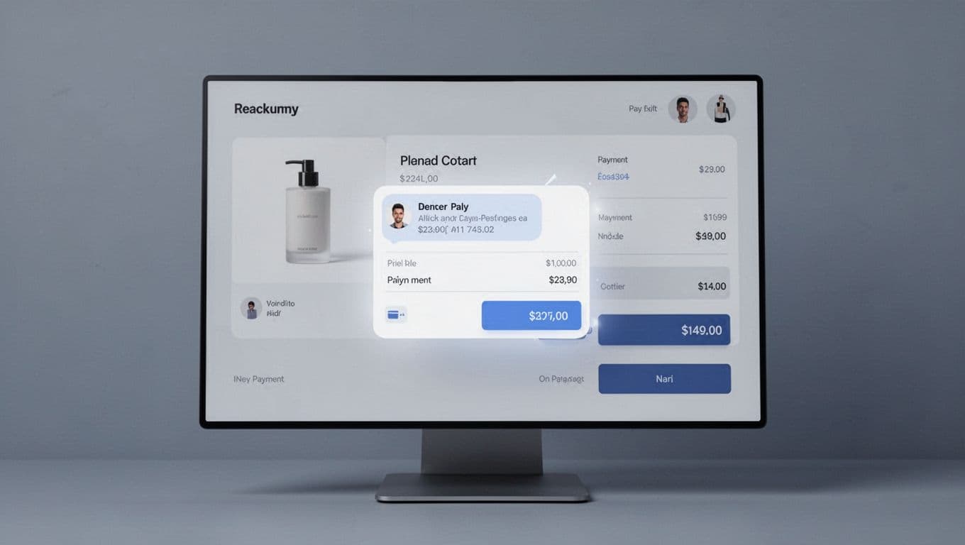 Professional modern illustration of an ecommerce checkout page with a subtle timed live chat prompt appearing non-intrusively via soft glow popup animation, emphasizing clean design and conversion flow.