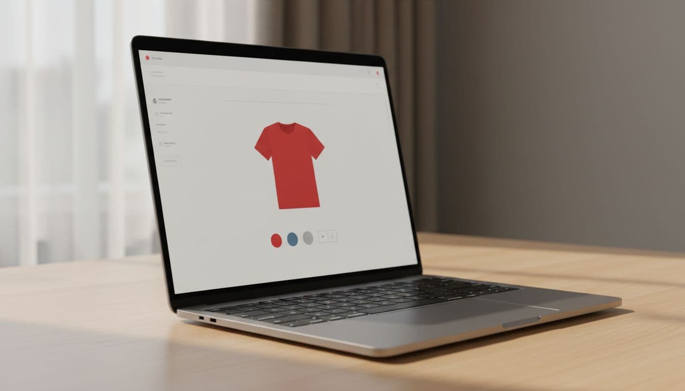Clean e-commerce interface on laptop screen from side angle shows color and size variants for clothing like red shirt small medium large, modern minimalist style with soft natural lighting, exactly one laptop no people or text.
