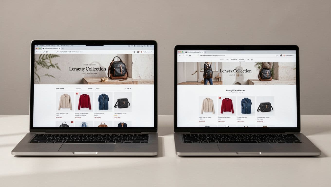 Side-by-side desktop browser comparison: left shows oversized hero banner pushing products below fold, right shows slim banner with products above fold, clean professional style.