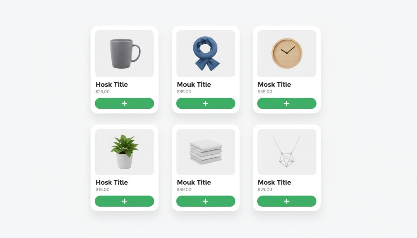 Ecommerce collection page grid displaying six product cards in two rows of three, each featuring a product image, title, price, and prominent green quick add button below, in a clean modern UI design on white background.