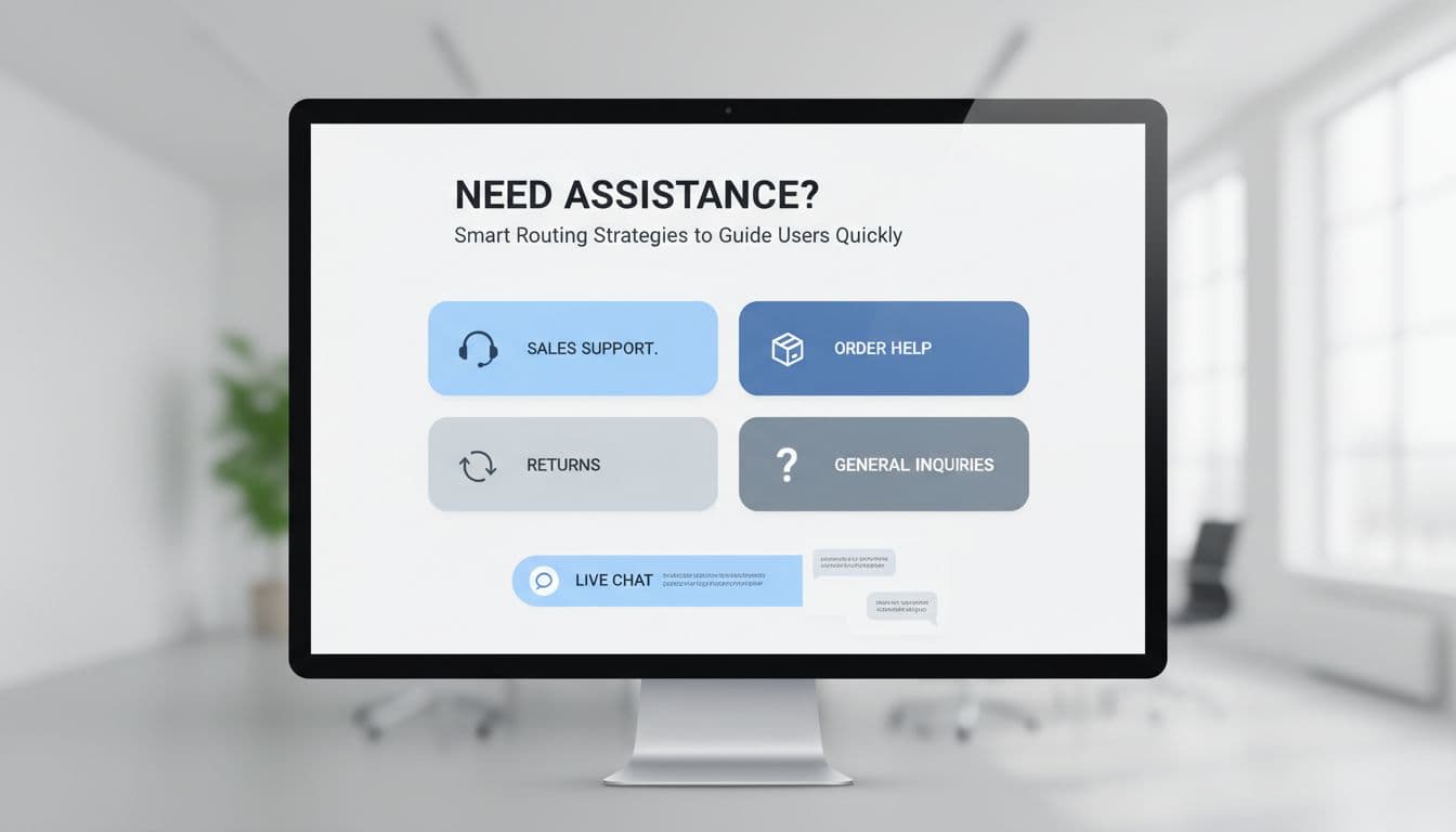 Professional UX/UI illustration of a clean minimal ecommerce contact page on desktop, featuring prominent routing buttons for sales support, orders, returns, inquiries, and live chat integration.