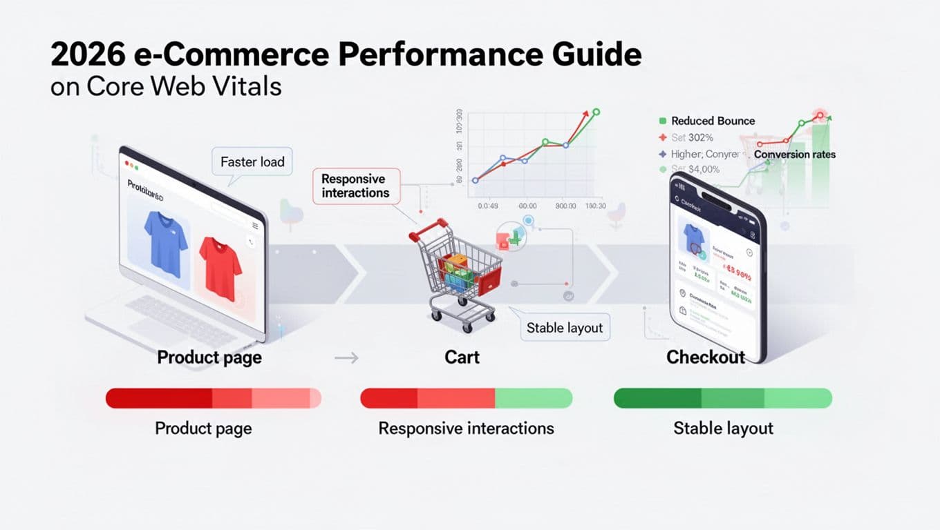 Professional flat-isometric illustration of a horizontal e-commerce conversion funnel from product page to cart to checkout, with performance bars improving from red to green and callouts for faster load, responsive interactions, and stable layout. Background includes a rising line chart showing reduced bounce rates and higher conversions.