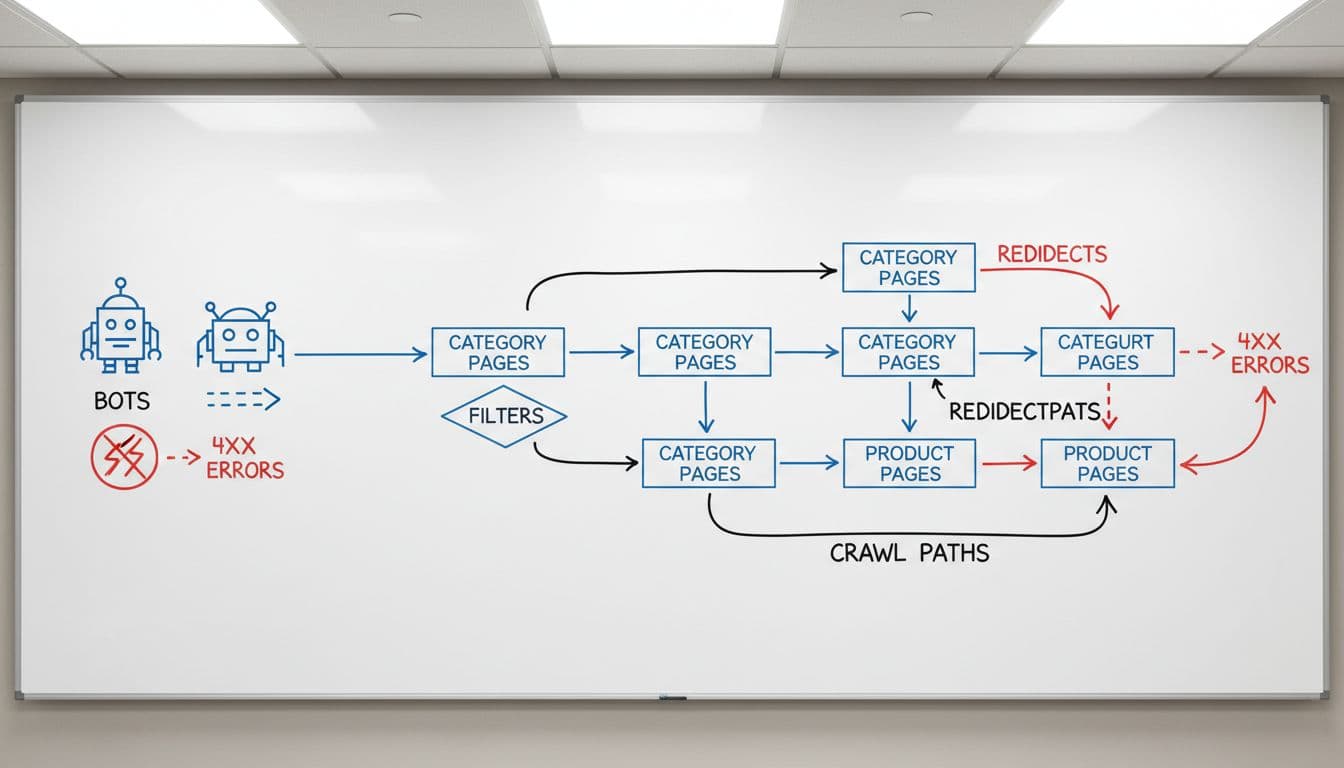 Simple line flowchart on conference room whiteboard shows arrows from bots to category pages, filters, products, 4xx errors, and redirects.