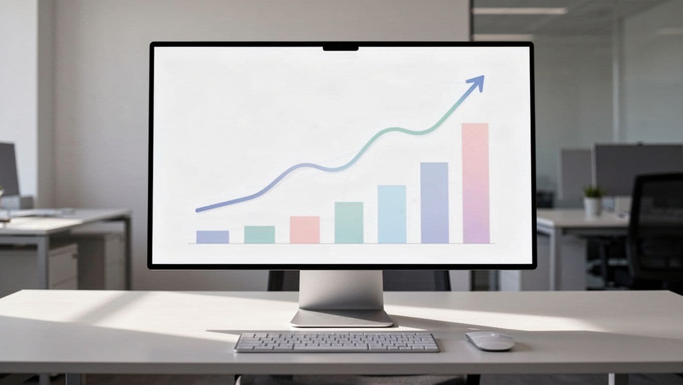 Clean vector illustration of an ecommerce dashboard on a modern office desk monitor, featuring new arrivals analytics and a rising repeat visits graph, with focused screen composition, neutral lighting, no people or text labels.