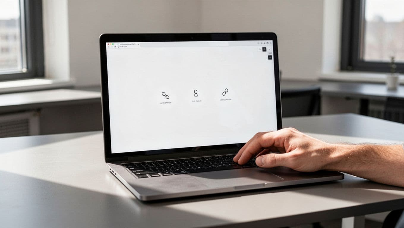 Laptop on office desk displays ecommerce editor with internal links from buying guide to product pages, one hand near keyboard.