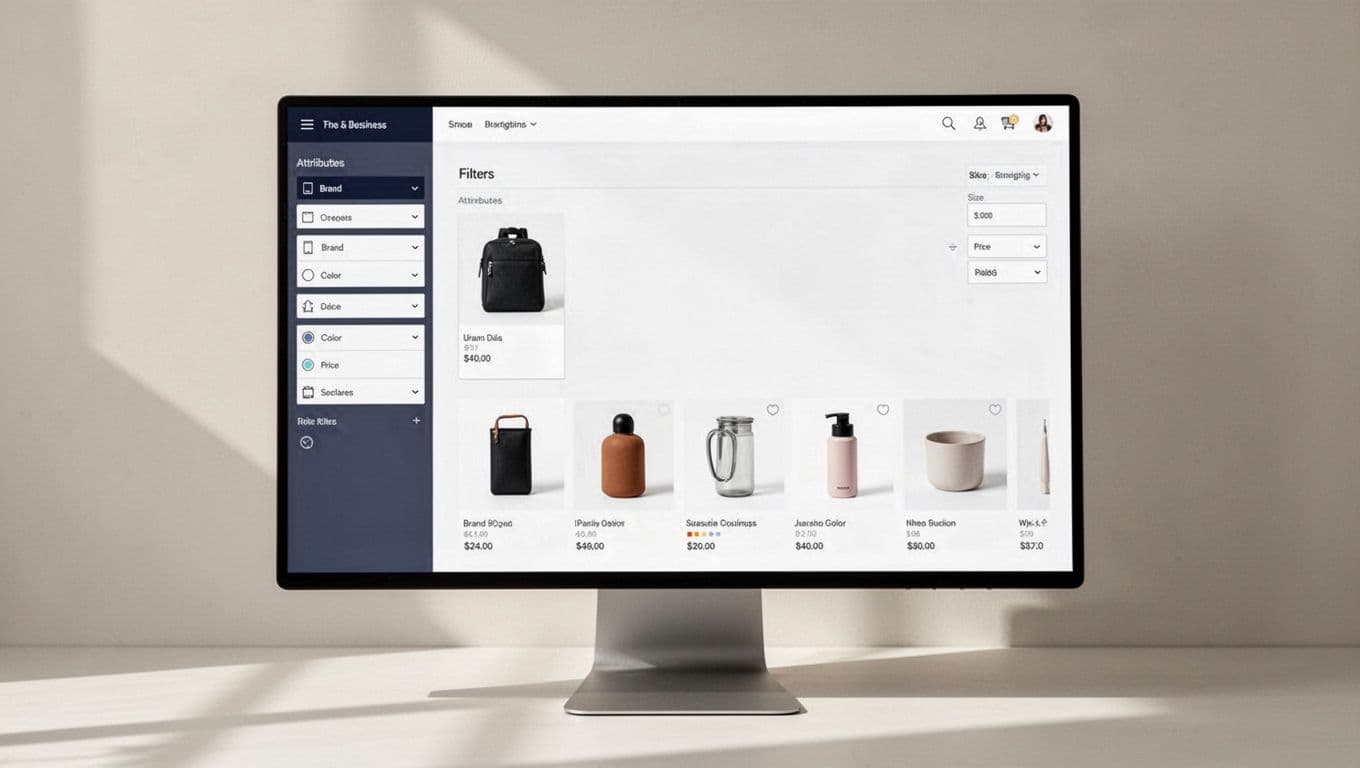 Clean mockup of sidebar filters for brand, color, size, and price in a faceted navigation interface for ecommerce category page powered by large catalog taxonomy, with product grid below. Editorial illustration in modern B2B style with minimal palette, high contrast, subtle highlights, and ample whitespace.