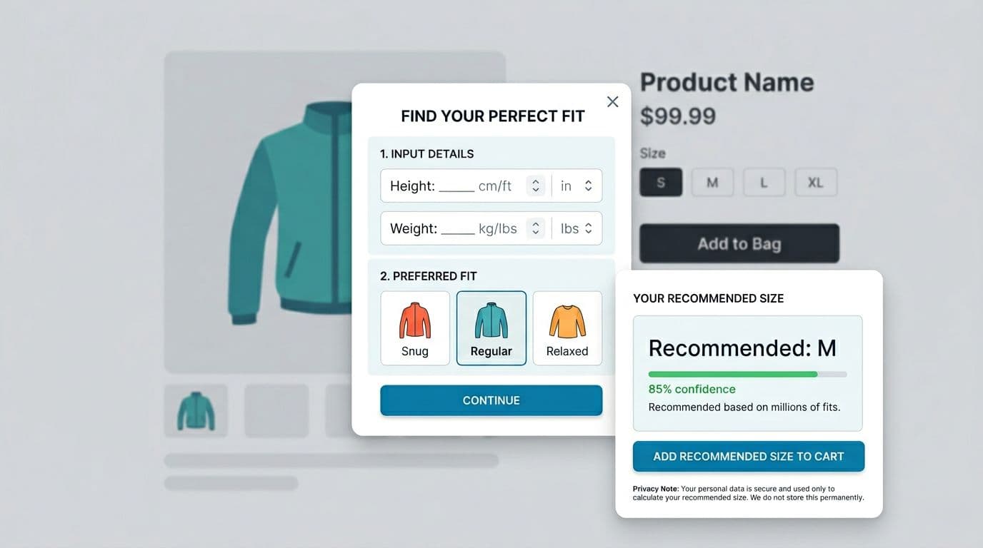 Clean professional UX/UI illustration of a 2-3 step fit finder modal in apparel ecommerce, featuring height/weight inputs, fit preferences (snug, regular, relaxed), recommended size with confidence indicator, and privacy note.