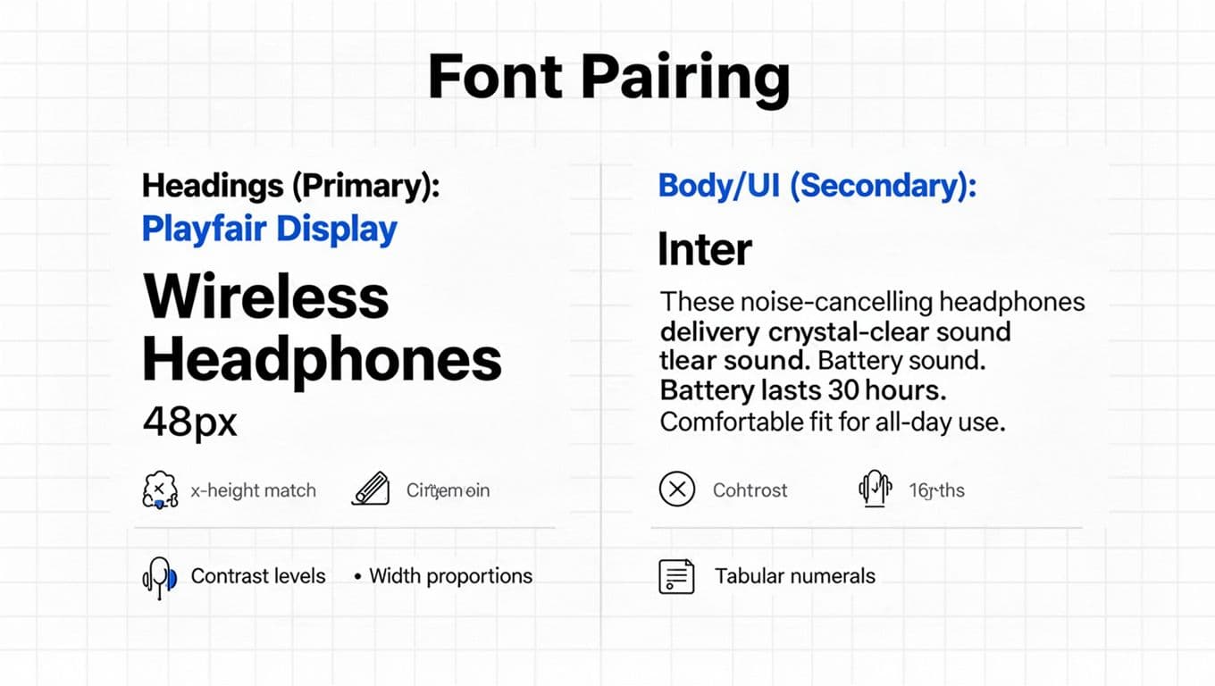 Clean modern infographic showcasing Playfair Display for headings and Inter for body/UI text in e-commerce design, with criteria notes on x-height, contrast, proportions on subtle white grid.
