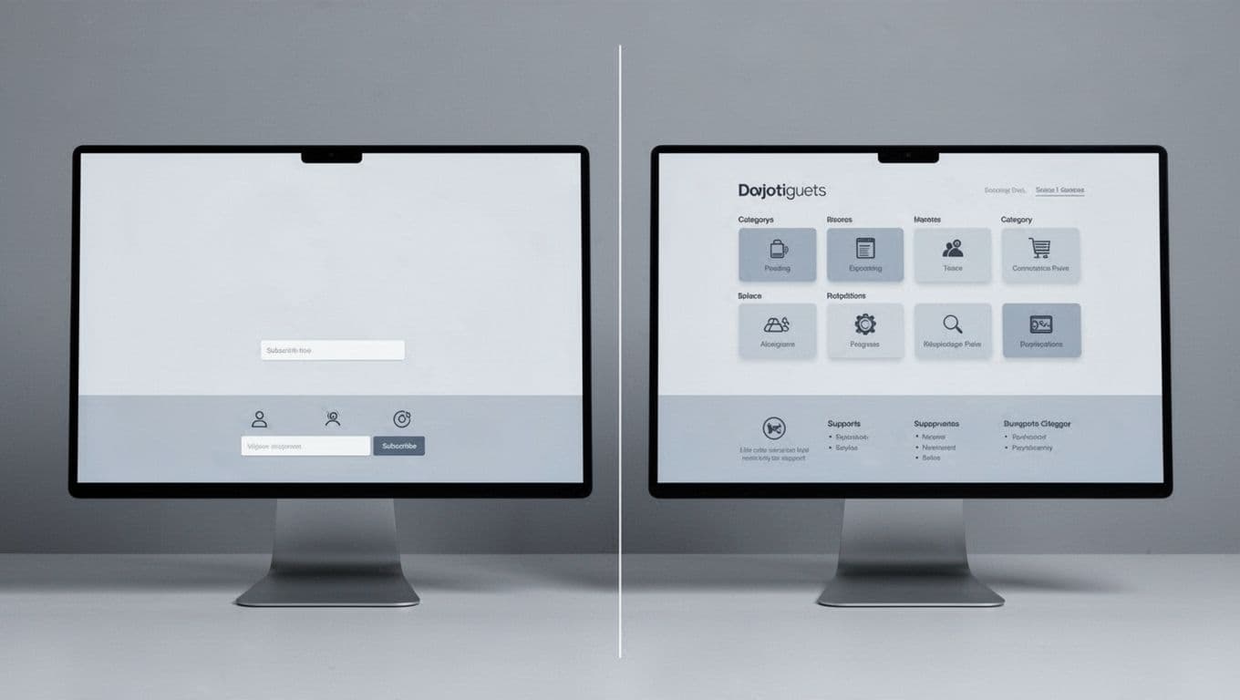 Side-by-side desktop comparison of a simple small store footer (left) with few links and newsletter, versus a detailed large catalog footer (right) with category links, sitemap, and support. Clean modern style in neutral tones with subtle separation.