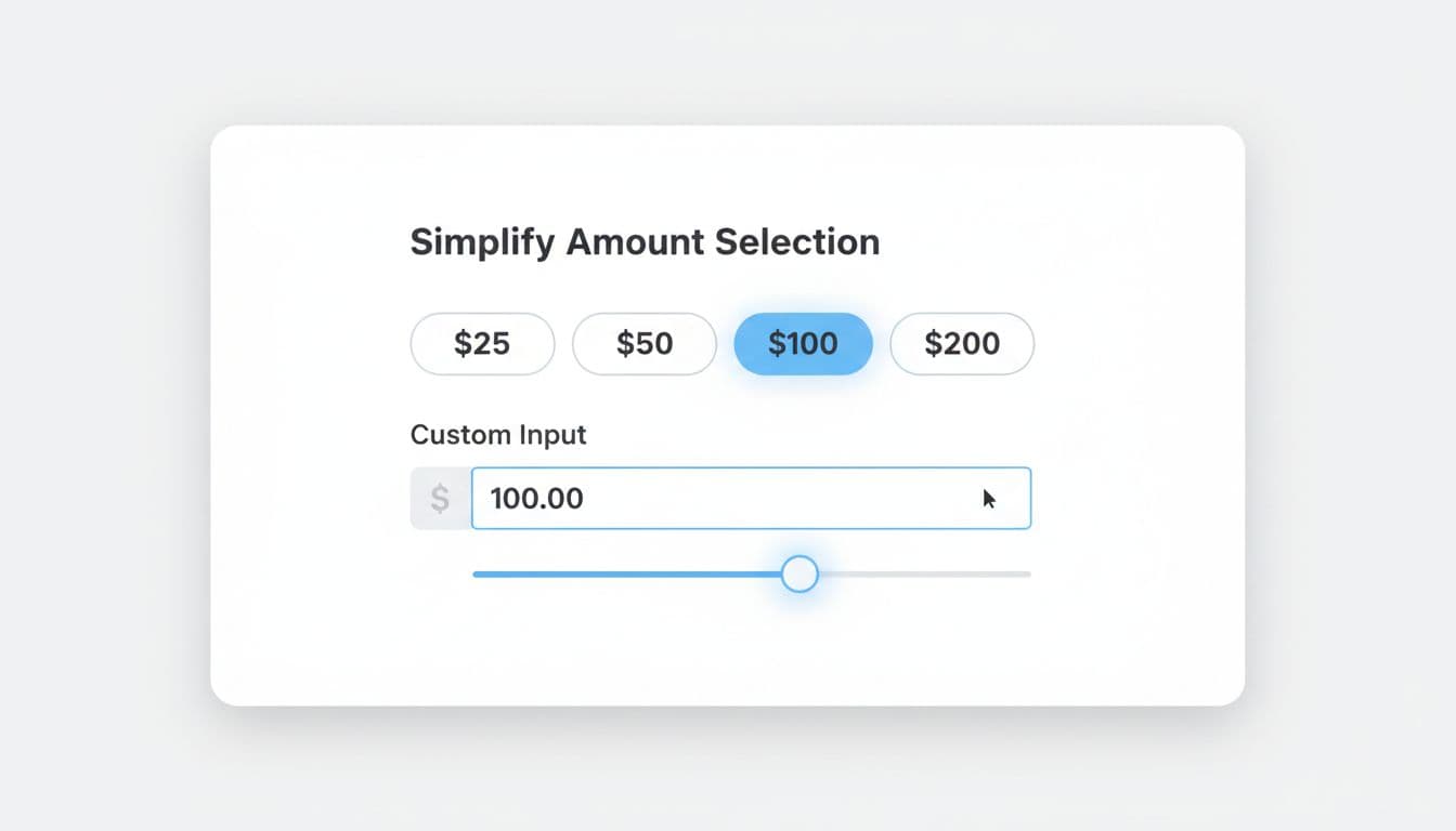 Clean desktop UI mockup of an ecommerce gift card amount selector featuring horizontal preset buttons for $25, $50, $100, $200, a custom input field with dollar sign icon and slider, subtle blue hover highlights, modern flat design on white background.