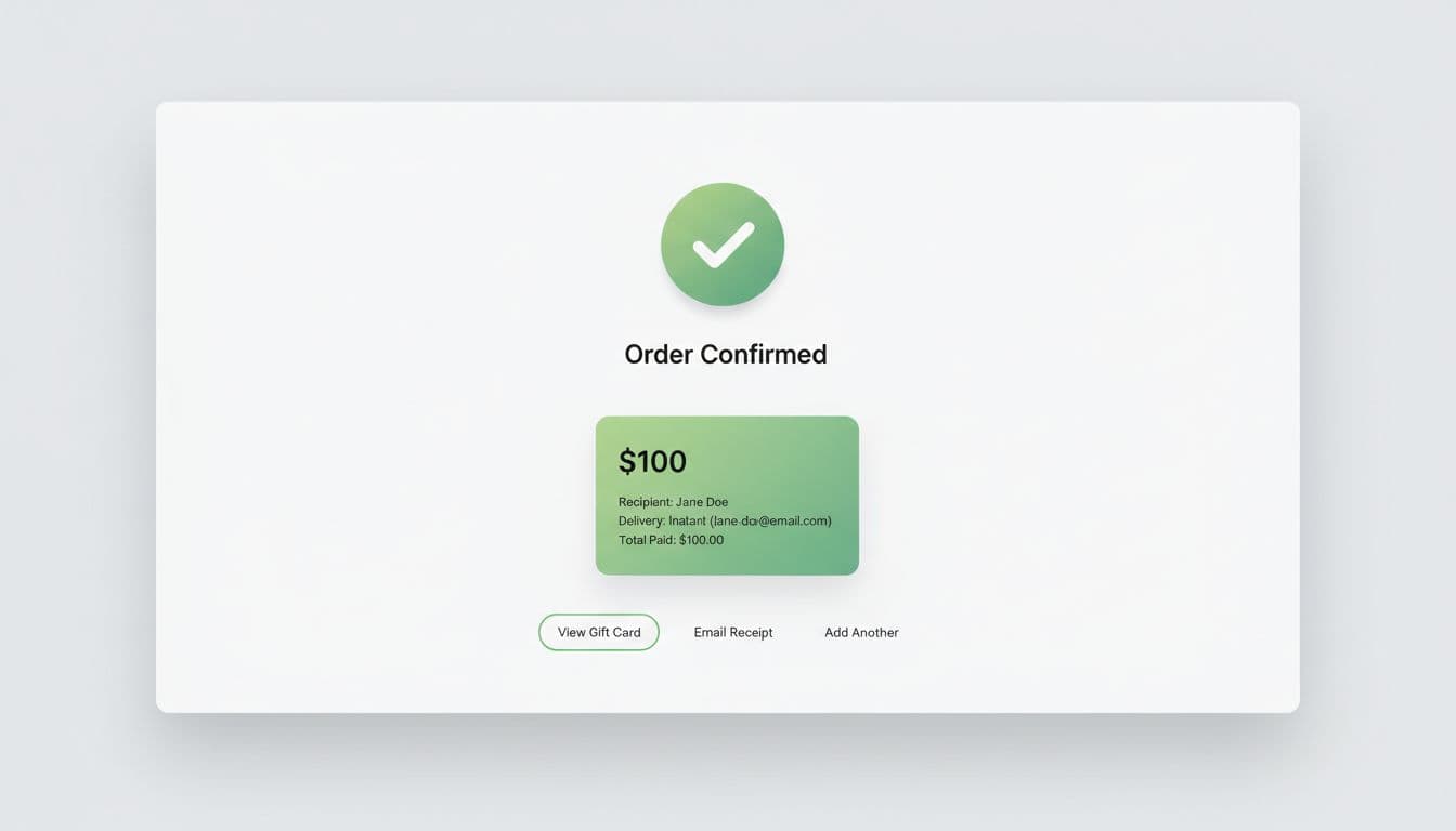 Modern desktop UI mockup of an ecommerce gift card purchase confirmation page with centered 'Order Confirmed' success icon, $100 gift card preview, recipient details, instant delivery email, total paid, and buttons for viewing gift card, emailing receipt, or adding another.