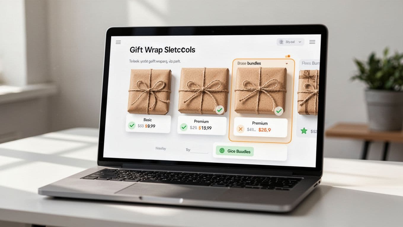 Clean modern UI on a laptop screen displays an ecommerce upsell modal with gift wrap options, including basic wrap at $3.99, premium ribbon add-on for $2 extra, and a selected bundle pack, featuring subtle holiday-neutral patterns.