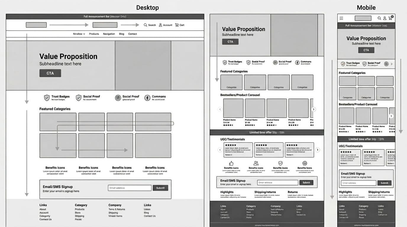 High-contrast grayscale wireframe diagram of a conversion-optimized e-commerce homepage layout, showing desktop and mobile versions side-by-side with labeled modules and arrows indicating F-pattern scanning flow for desktop and vertical flow for mobile.