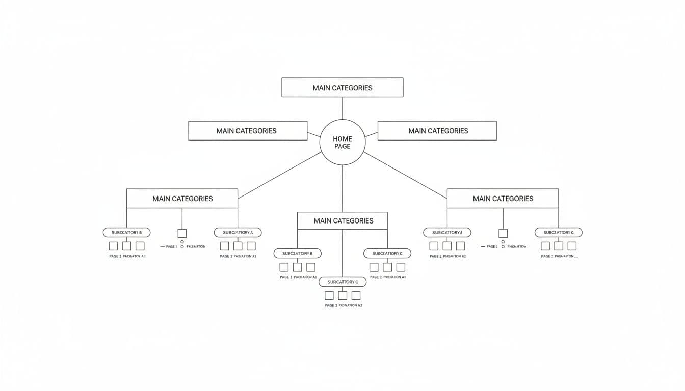 Line art diagram of hierarchical sitemap for large ecommerce store branching from central root to categories, subcategories, products, and pagination pages.
