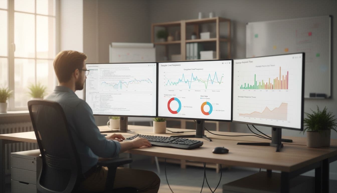 Three monitors on desk show graphs of Googlebot crawls, errors, response times for ecommerce logs; one person seated in bright office.