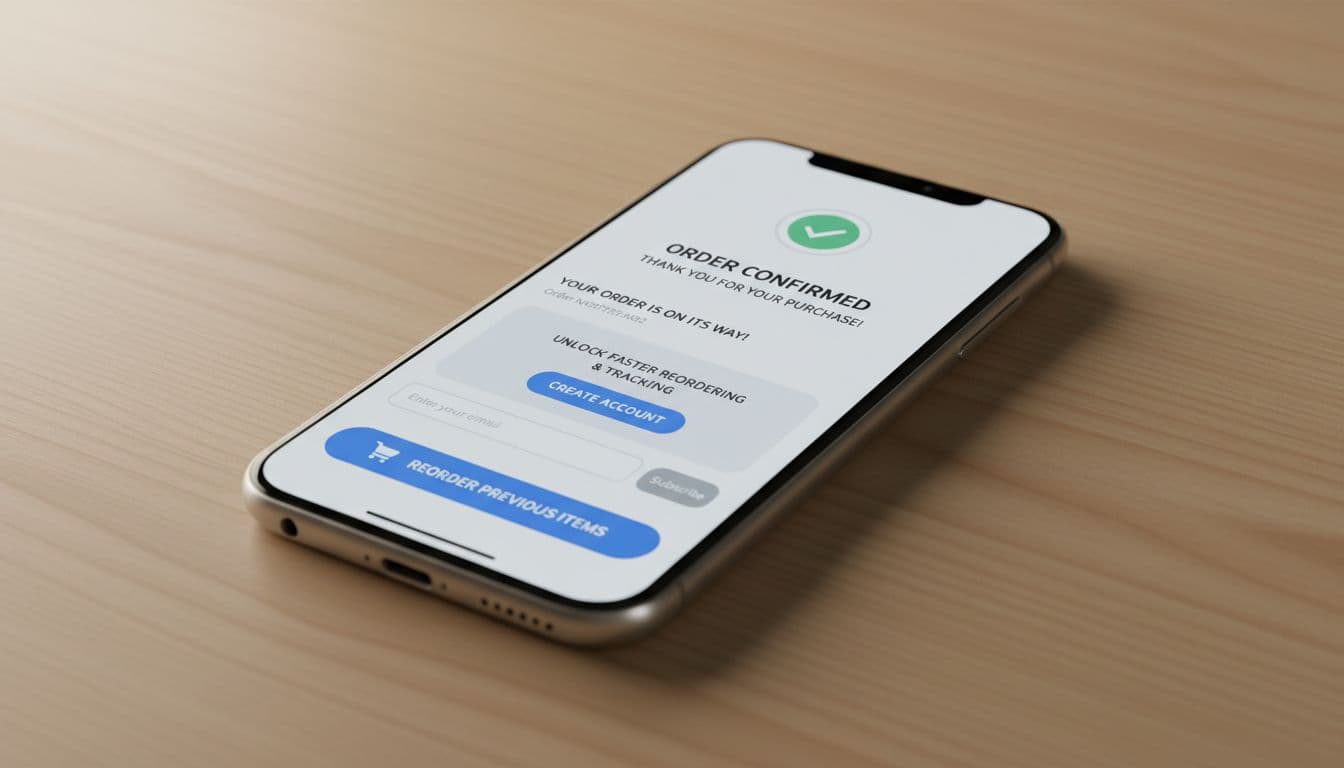 A single mobile phone on a table displays an ecommerce post-purchase thank you screen featuring order confirmation, success message, subtle account creation prompt for faster reorders and tracking, optional email capture, and reorder button in a clean modern design with warm lighting.