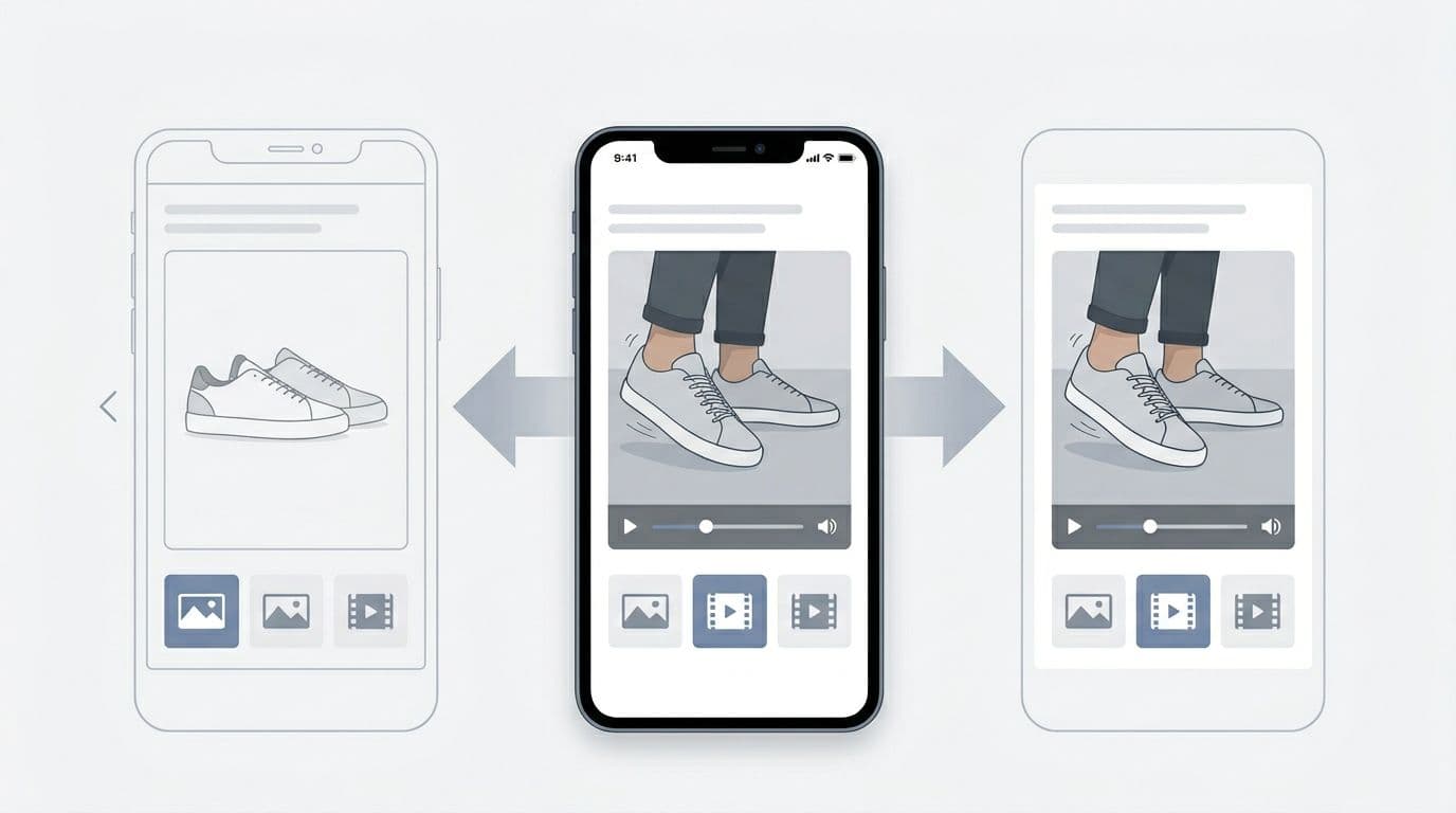 Clean, modern UX illustration of horizontal swipe navigation between images and video on a mobile ecommerce product screen, featuring main video thumbnail advancing to play state with controls and highlighted thumbnail strip.