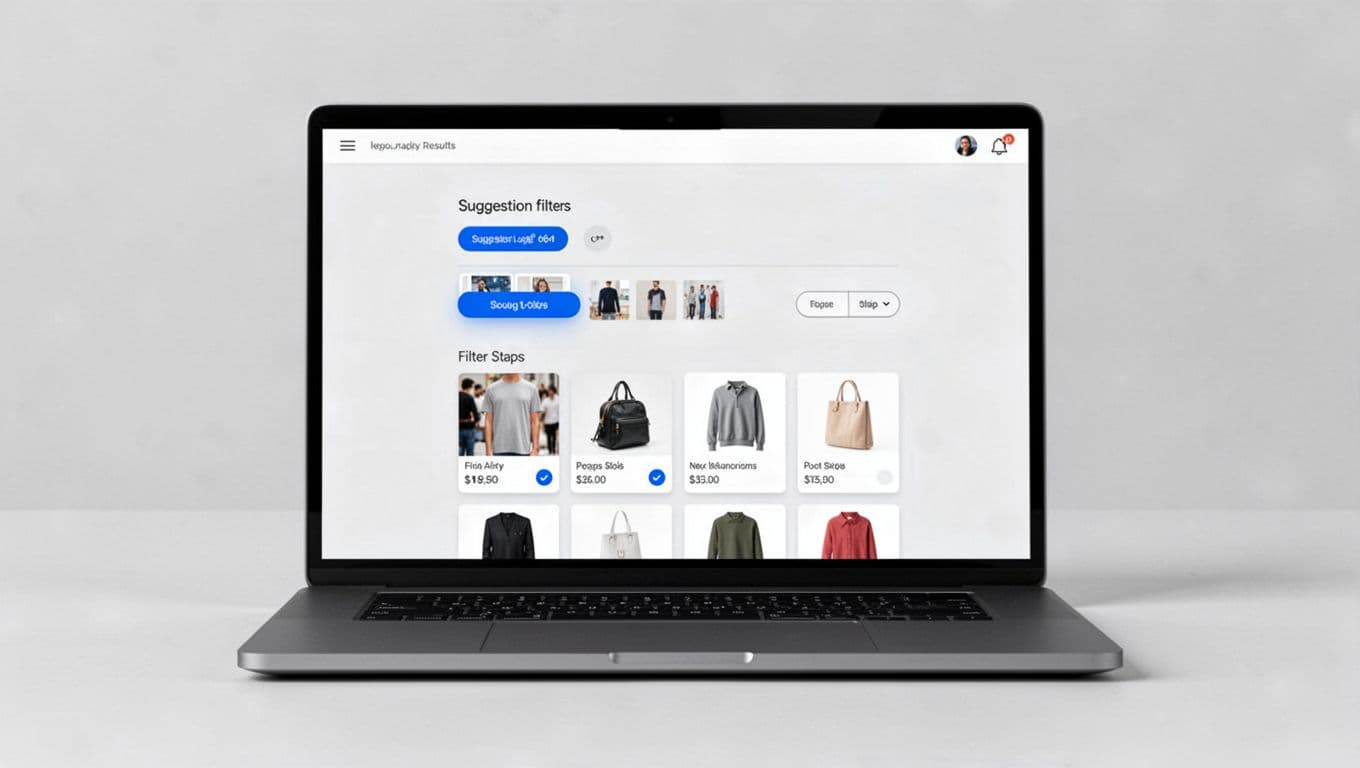 Desktop ecommerce category page displaying a friendly 'No products found' message with sections for spelling suggestions, related category thumbnails, filter refinements, and popular products grid. Clean modern UI in neutral grays and whites with blue buttons, flat vector illustration on a laptop screen.