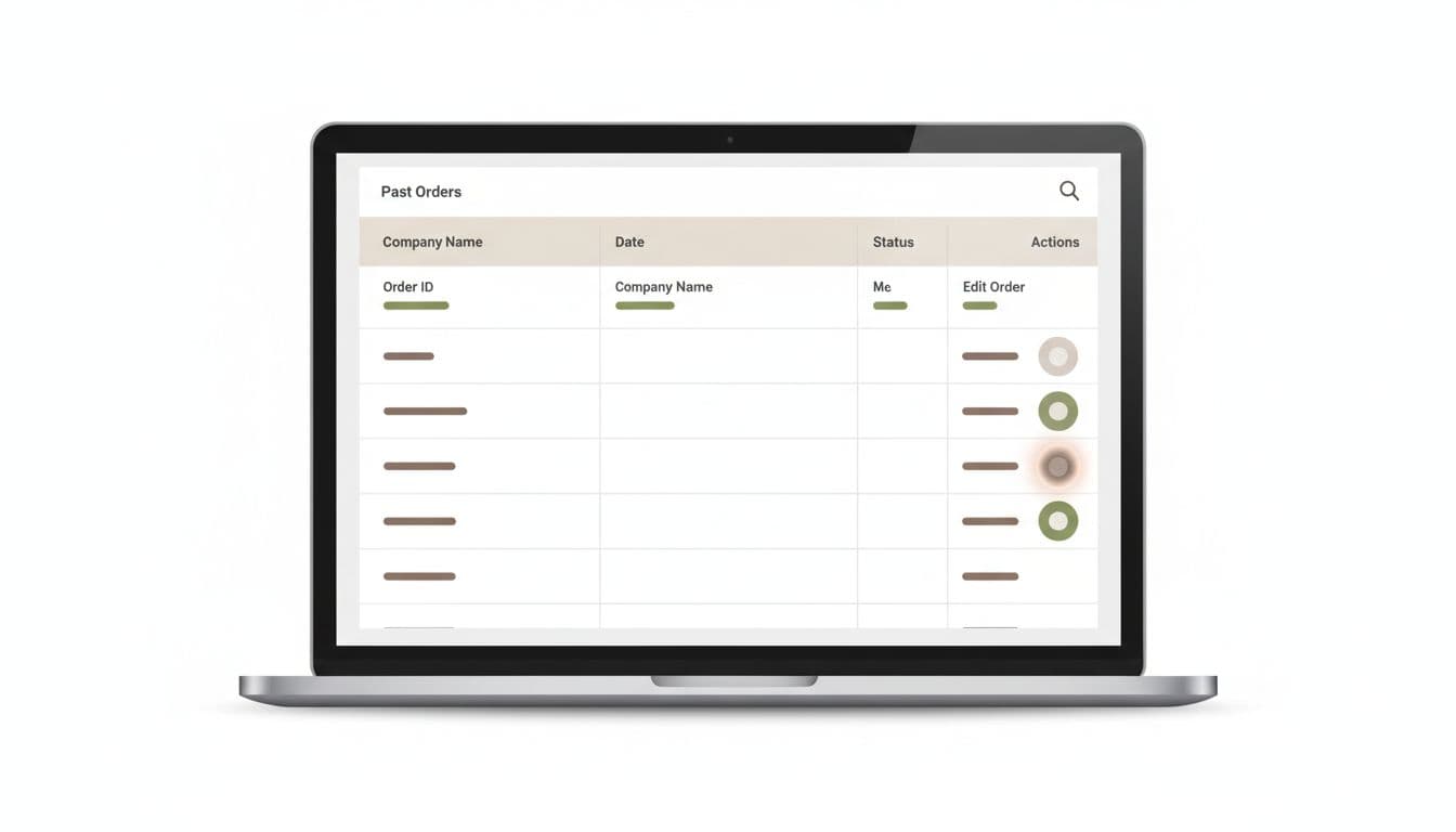 Clean ecommerce account dashboard screen illustrating self-serve order editing options in a modern B2B SaaS interface, featuring an order list with highlighted edit button, subtle neutral colors, and professional illustration style on a single centered laptop.
