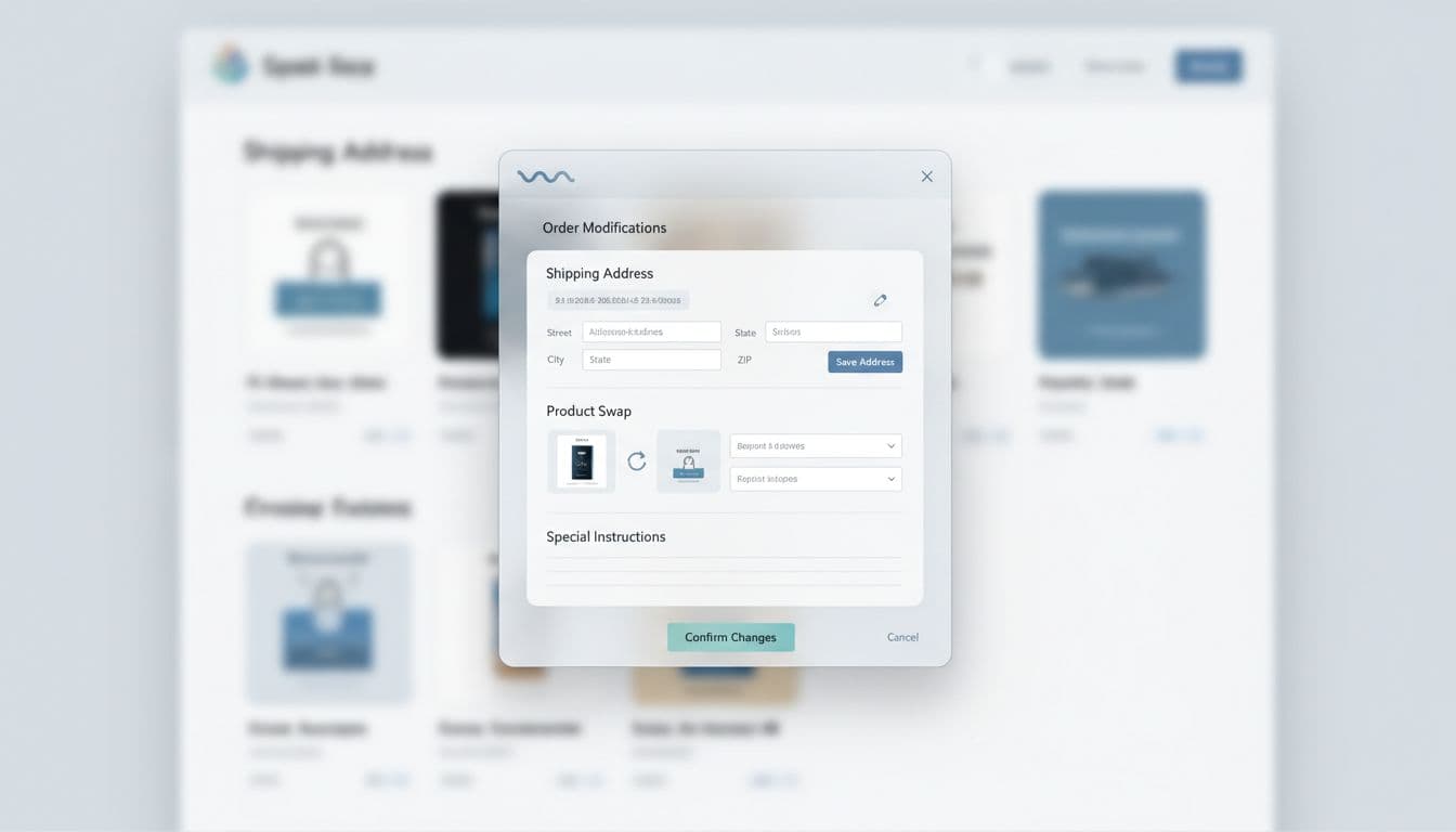 Modal popup for editing order details in ecommerce self-serve UX, displaying address change form, product swap options, simple inputs, and confirmation button in a professional SaaS design.