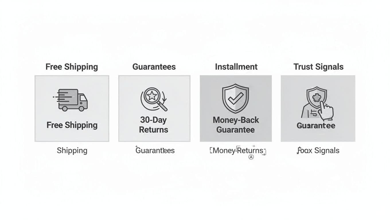 Minimalist grayscale wireframes of four PDP-style mini-modules for ecommerce homepage, showcasing Free Shipping, 30-Day Returns, Money-Back Guarantee, and Installment Payments trust badges with clean icons and labels.