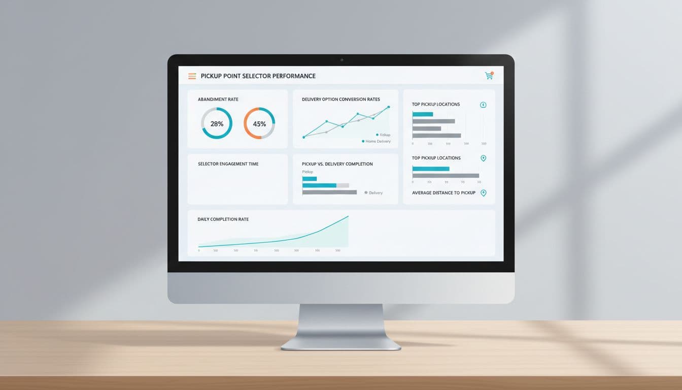 Desktop screen centered on desk shows analytics dashboard with bar graphs and line charts for e-commerce pickup metrics.