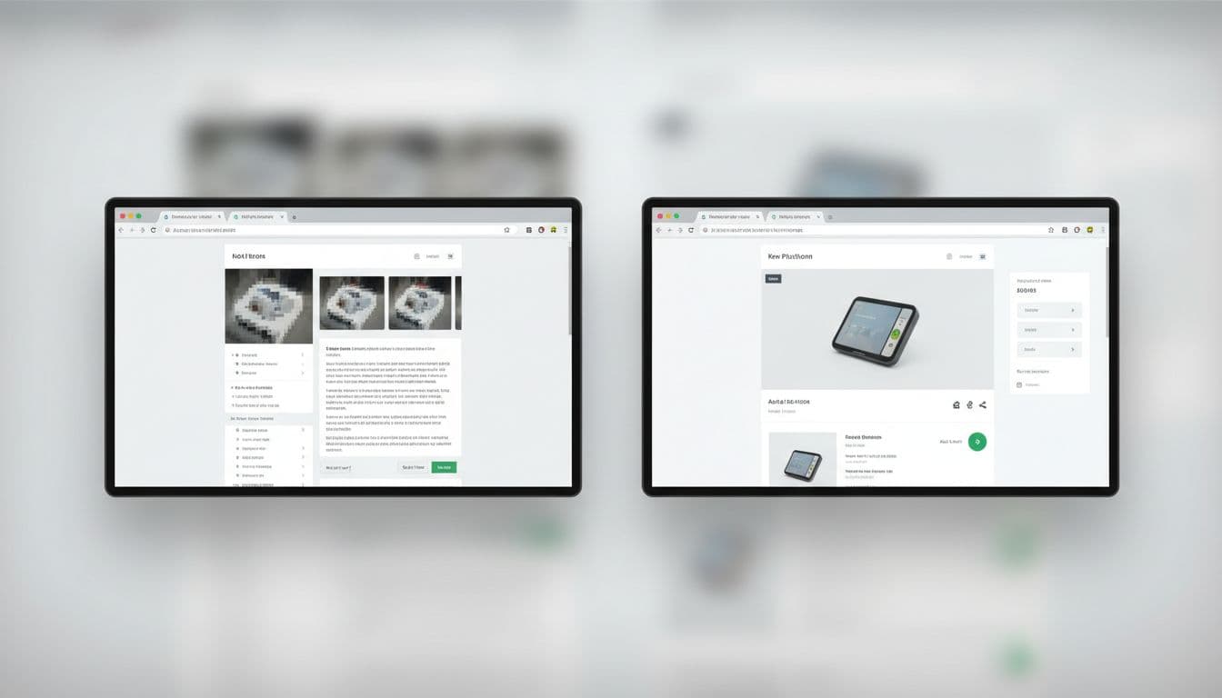 Split screen showing old ecommerce site on left and new platform on right with similar product page layouts for a subtle before-after comparison in realistic digital mockup style.