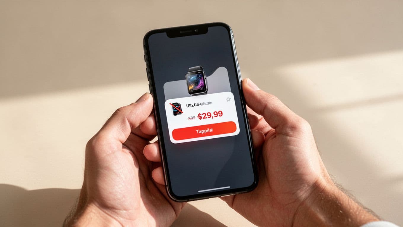 A clean mobile push notification screen on a smartphone held in hand at an angle, featuring a product thumbnail, crossed-out old price, new price, and buy button for a price drop alert. Modern subtle colors, polished design, simple background, and soft lighting with exactly one phone and two relaxed hands.