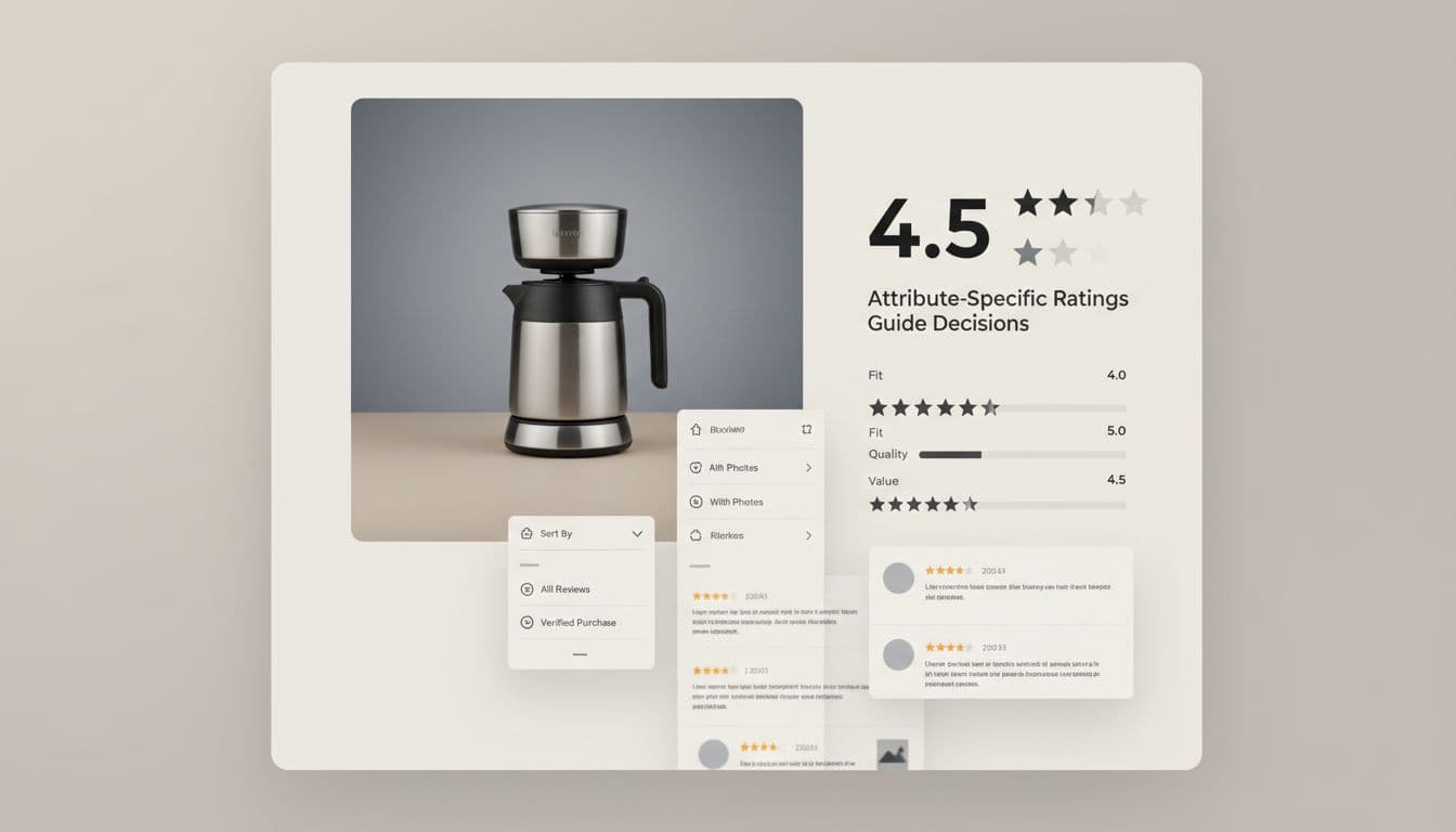Clean professional editorial-style UI mockup of product reviews with attribute-specific ratings like fit, quality, value stars below overall rating. Modern ecommerce interface features neutral colors, filter options, several review cards, polished lighting, and minimal clutter.
