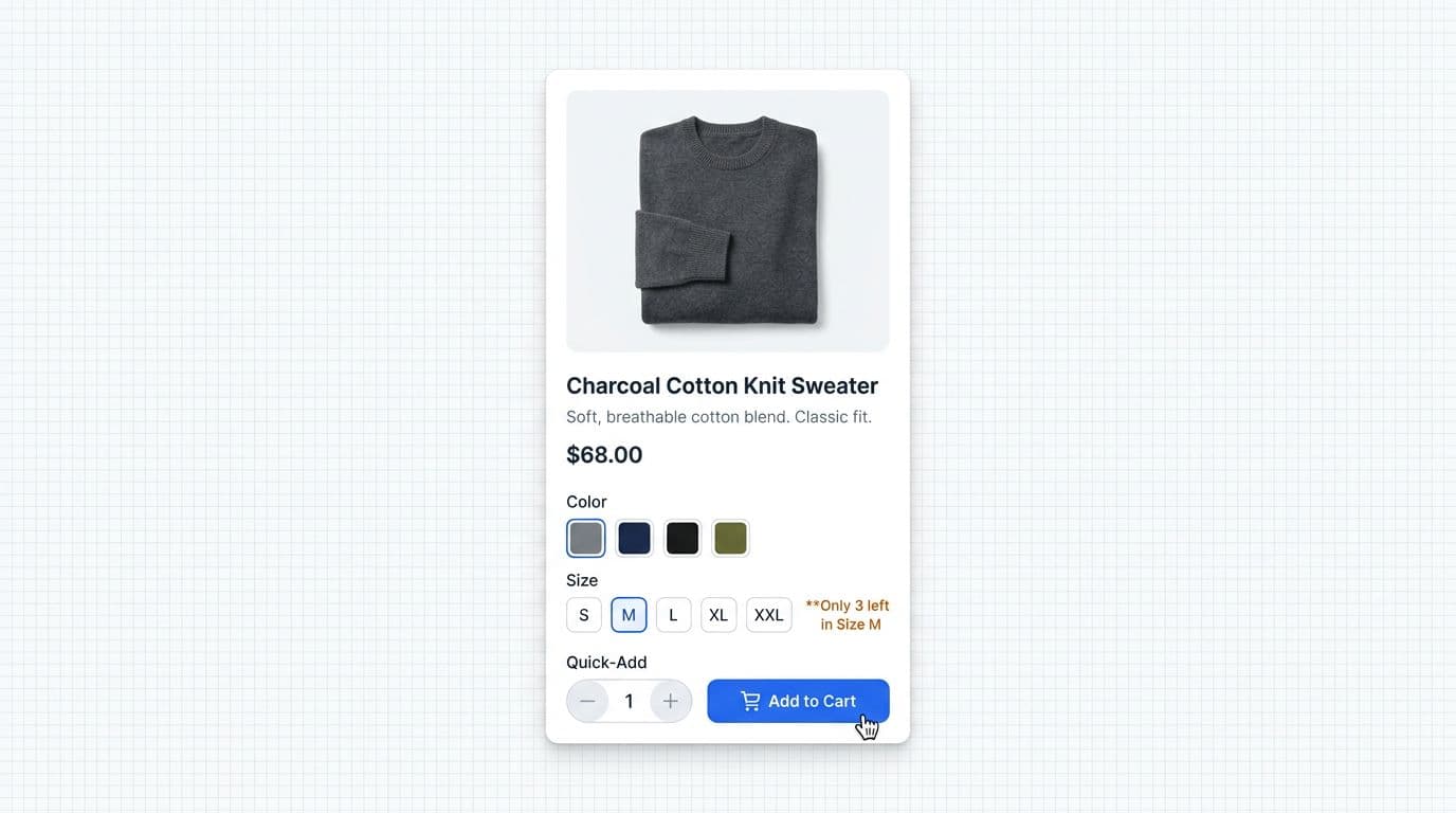 Clean, minimal professional UI mockup of a modern e-commerce product listing card in elegant desktop hover state, featuring tappable size or color variant chips, quick-add quantity selector, and stock indicator like 'Only 3 left'. Modern SaaS aesthetic with neutral background, subtle shadows, rounded elements, accessible colors, and dark mode support, focusing on one generic clothing item photo.