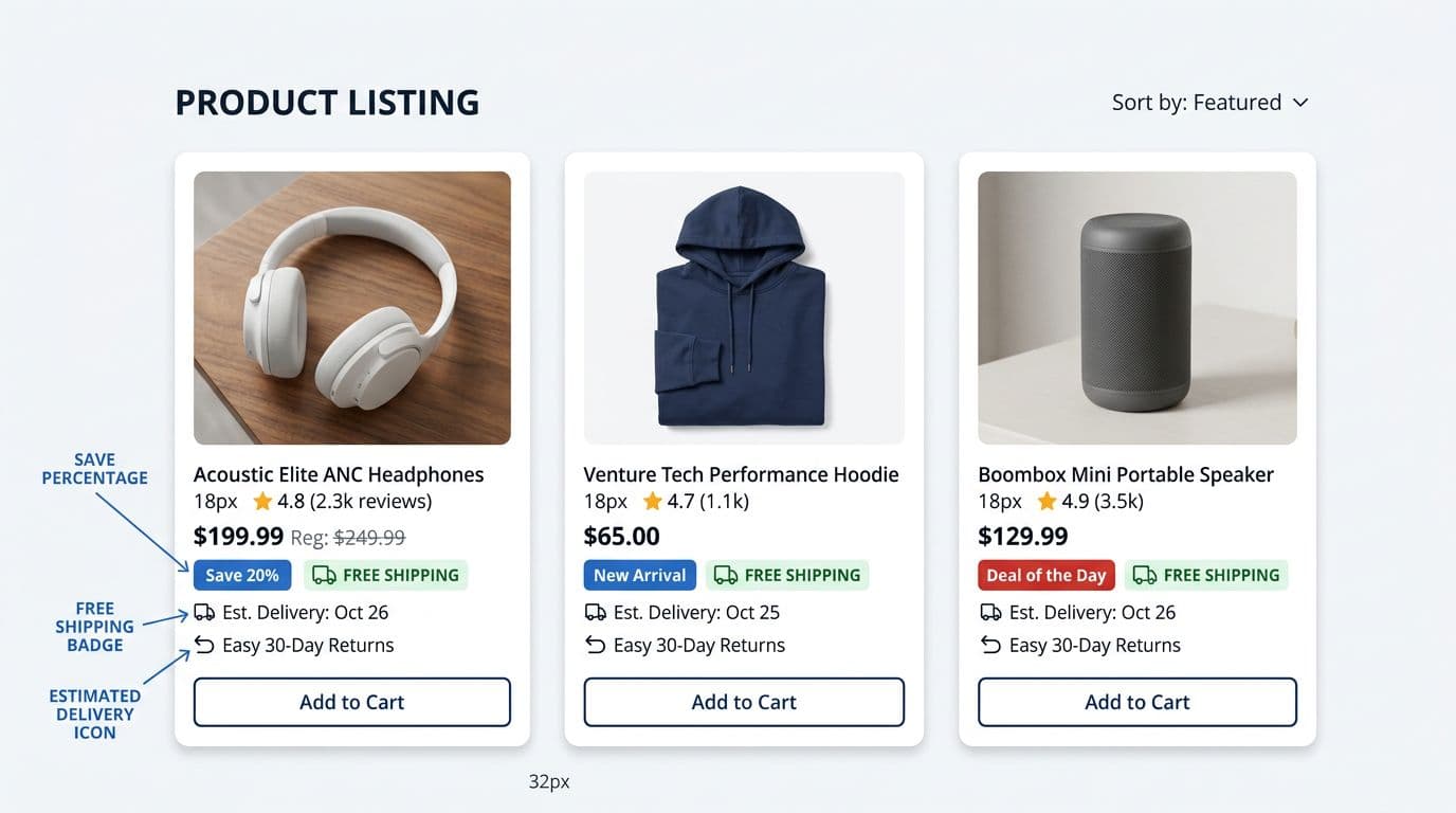 Clean professional UI mockup of minimal e-commerce product listing cards featuring modern trust signals like free shipping badges, estimated delivery dates, easy returns icons, and save percentages. Grid of three cards displaying generic electronics and apparel products on a modern neutral backdrop with annotations.