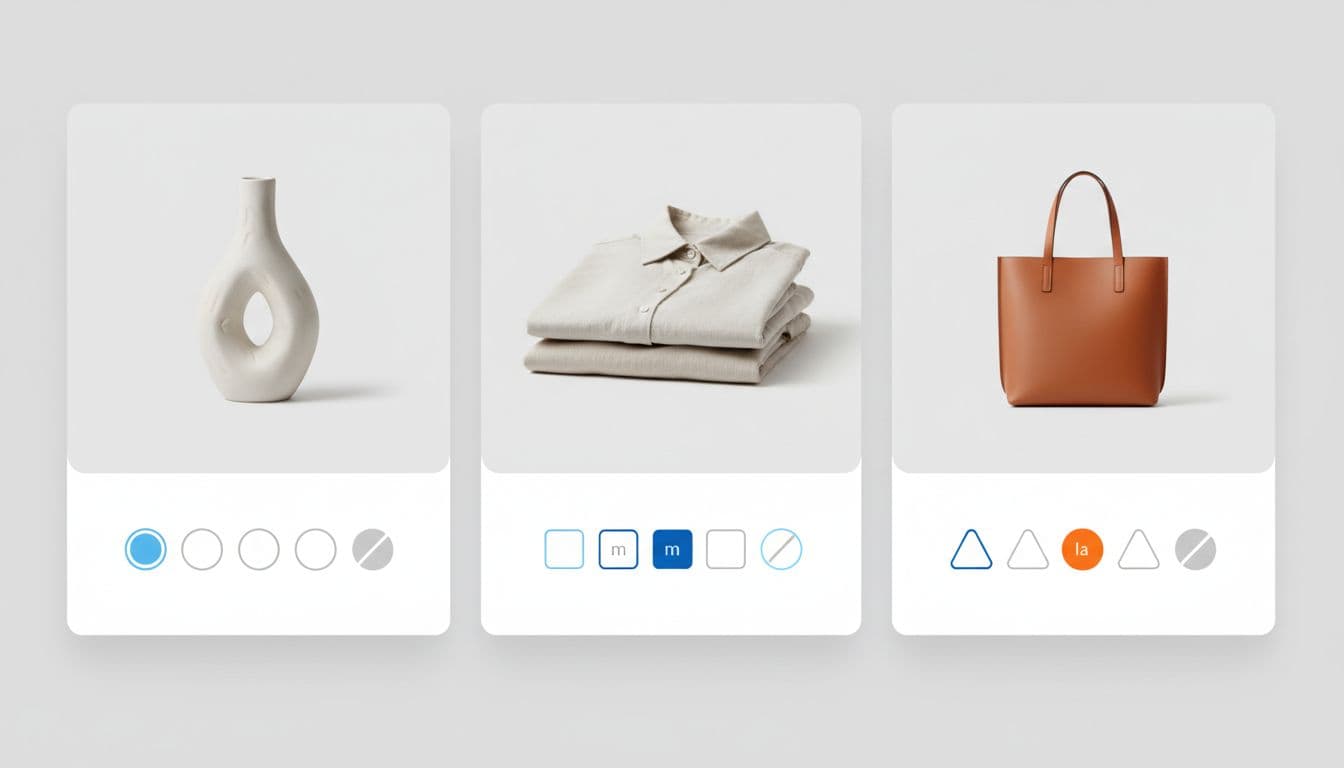 Three side-by-side product cards show size swatches below images, with selections highlighted, some grayed out, and images varying by choice.