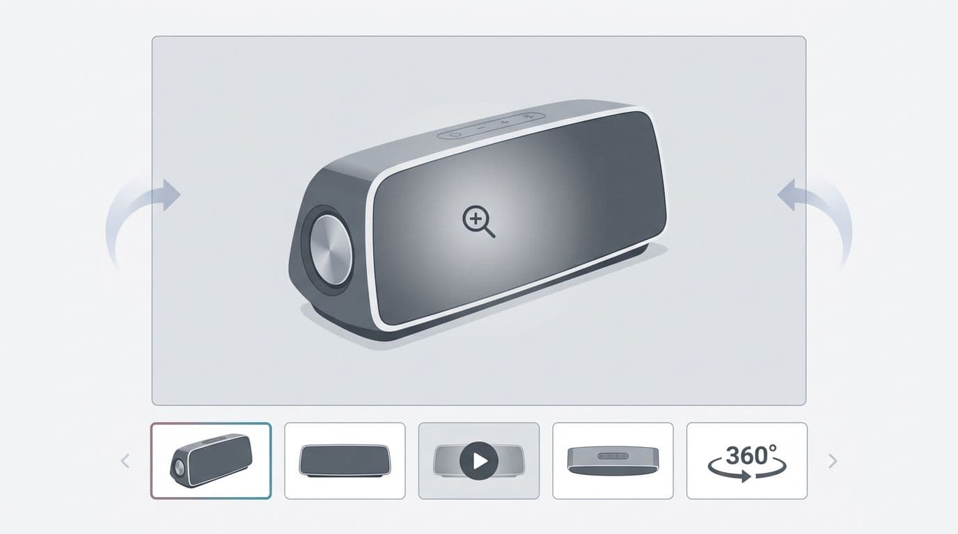 Clean, modern UX diagram-style illustration of an ecommerce product detail page media gallery with large main image, thumbnail carousel including static images, video thumbnail, 360 spin icon, zoom hover, and mobile swipe indicators.