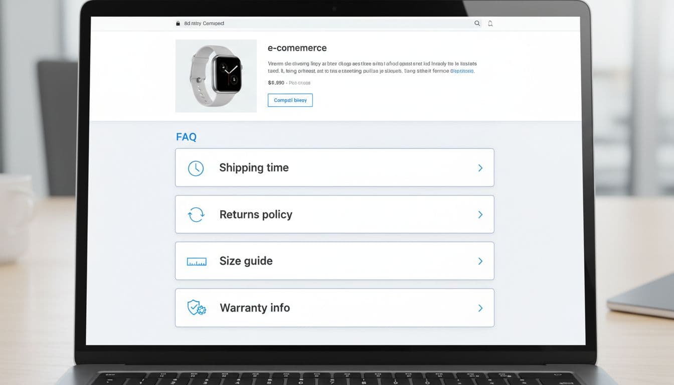 Top-down view of a clean ecommerce product page on a desktop laptop, highlighting a modern FAQ accordion section with 5 collapsed items like Shipping time, Returns policy, Size guide, Warranty info, and Compatibility.