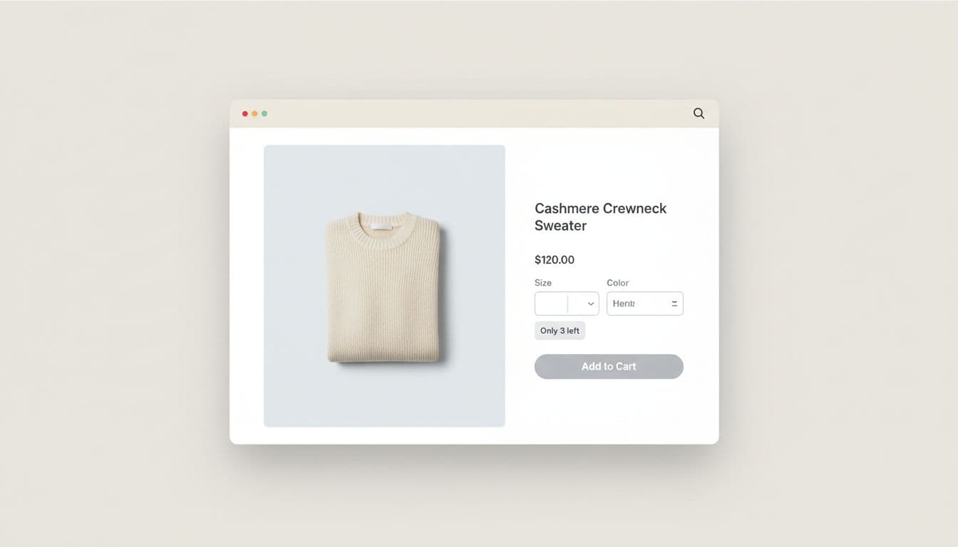 Desktop view of a clean ecommerce product page displaying a subtle 'Only 3 left' low stock badge near the add to cart button on a clothing item. Modern, professional UI mockup with neutral palette, even lighting, and subtle urgency for a polished blog aesthetic.