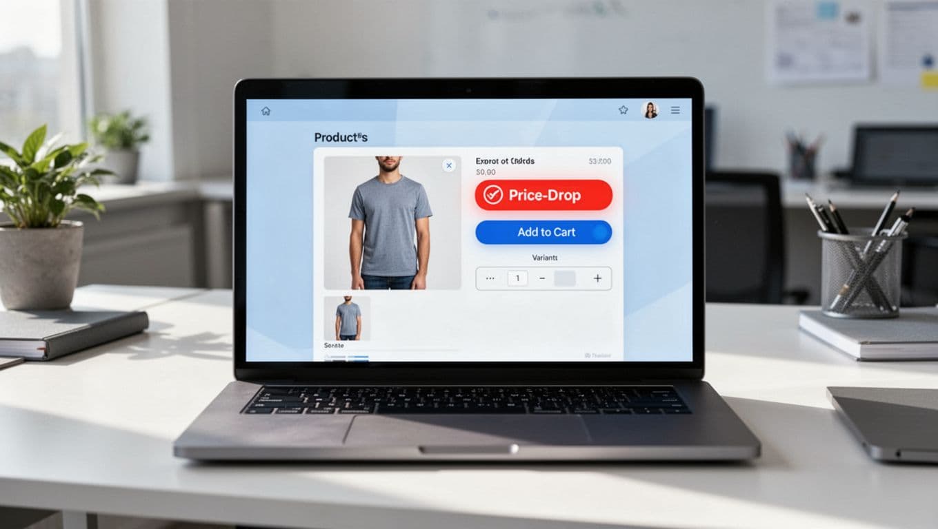 Realistic laptop mockup of a professional ecommerce product detail page featuring a subtle price drop alert signup prompt near the add-to-cart button, with clean layout, variant selector, and highlighted alert option in soft blues, grays, and whites on a natural office desk.