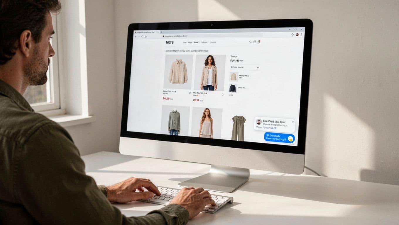 Professional SaaS-style illustration of a shopper browsing a clean ecommerce product page on desktop, featuring a subtle live chat widget in the bottom right corner. Minimal design with brand-neutral colors, soft natural lighting, and exactly one person viewing the screen.