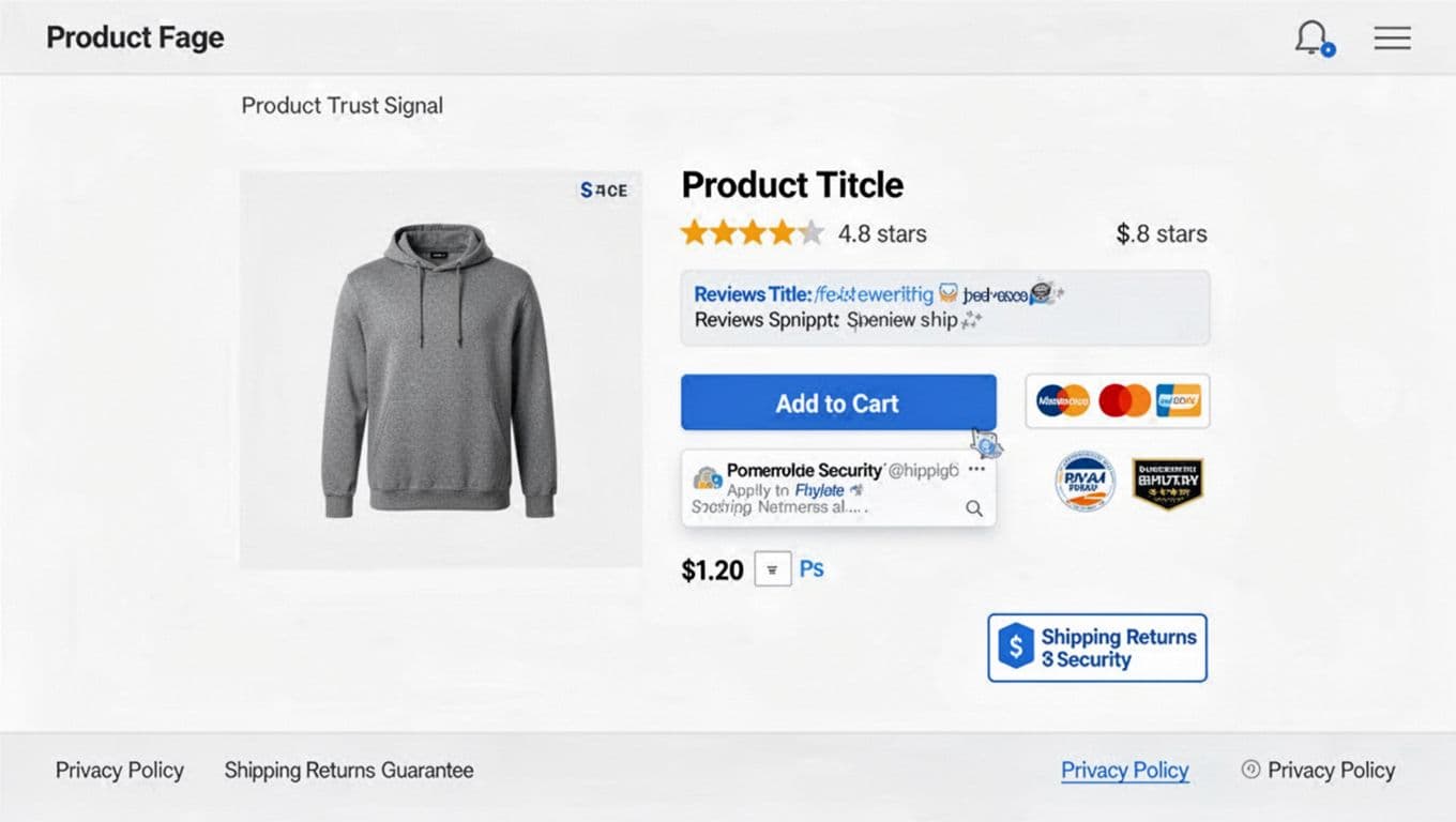 Clean, minimalist grayscale wireframe of a typical ecommerce product page illustrating optimal placements for trust signals including star ratings, reviews, security badges, shipping guarantees, and privacy links.