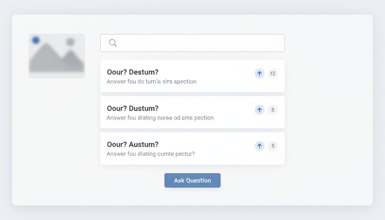Desktop product page illustration showing Q&A section with top search bar, question-answer pairs with upvote icons, and Ask Question button.