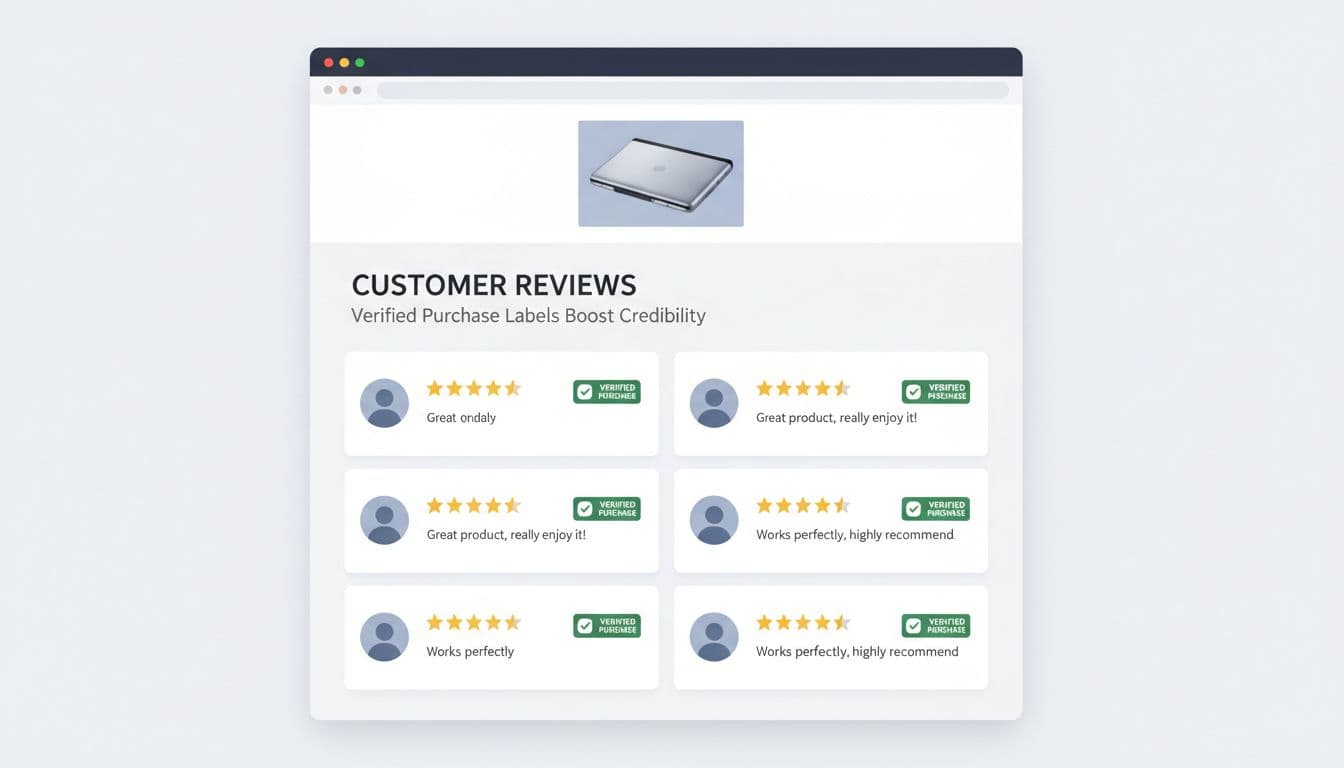 Clean professional editorial-style illustration of an ecommerce product detail page reviews section highlighting verified purchase badges on customer reviews, featuring star ratings, reviewer avatars, short snippets, modern SaaS UX aesthetic, and neutral business colors.