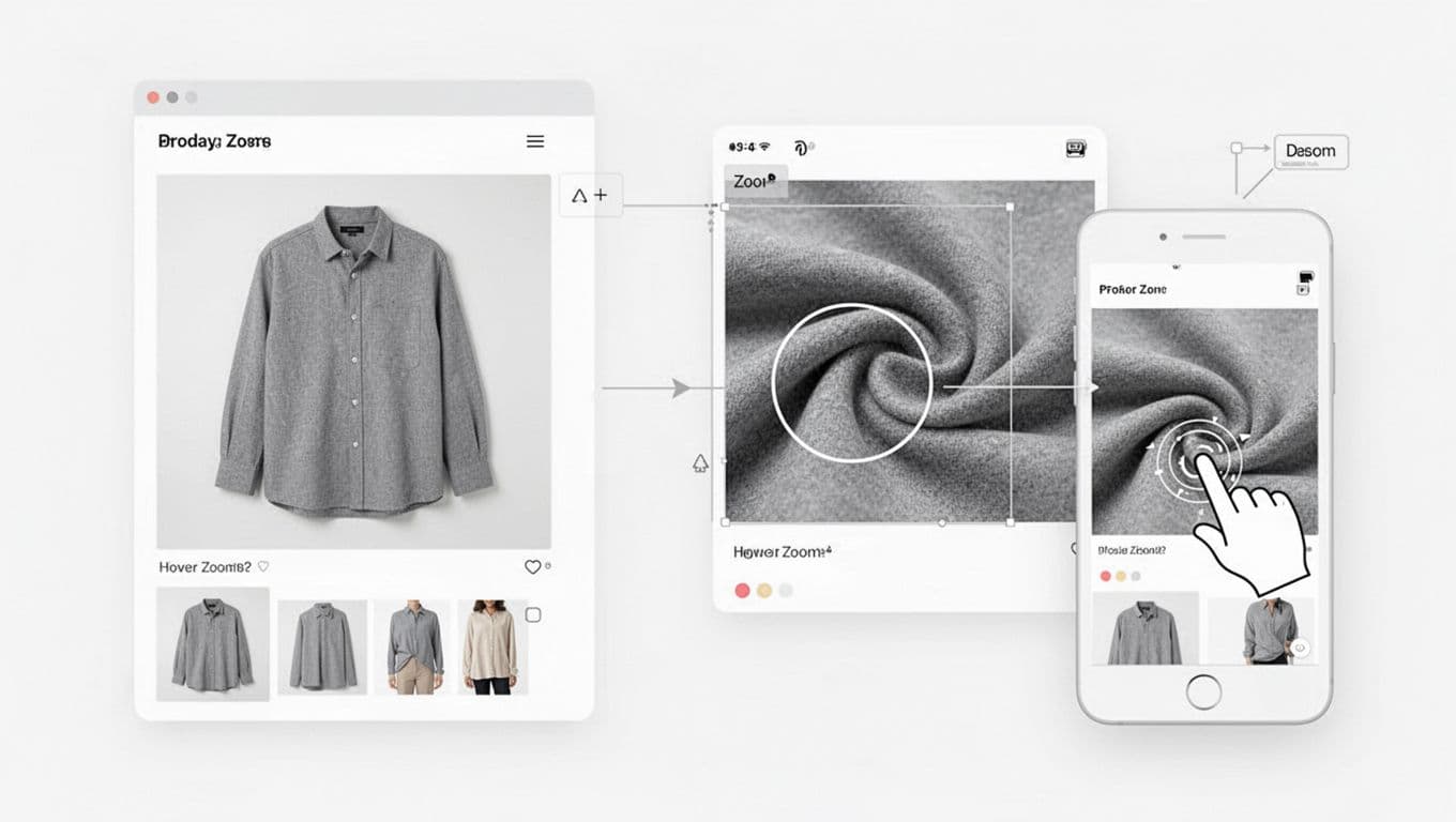 Clean, modern UX diagram-style illustration of ecommerce product image zoom pattern, showing transition to lightbox modal with magnified detail on desktop hover and mobile pinch-to-zoom, thumbnail visible, high-resolution fabric texture.