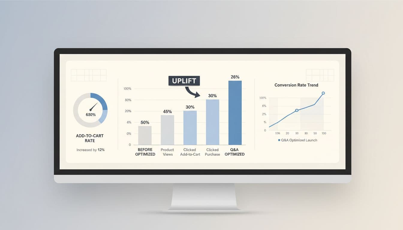 SaaS-style dashboard shows bar charts with before-and-after add-to-cart rates, highlighting uplift from Q&A optimization.