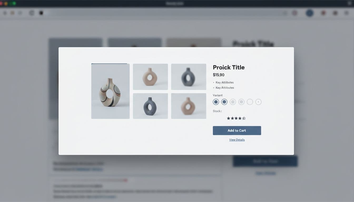 Ecommerce quick view modal open on a desktop browser with product image carousel on the left half and right side showing title, price, key attributes, variant selectors, stock status, ratings, primary add to cart button, and secondary view details link. Clean modern UI in flat design with neutral colors, soft shadows, full viewport overlay with backdrop blur.