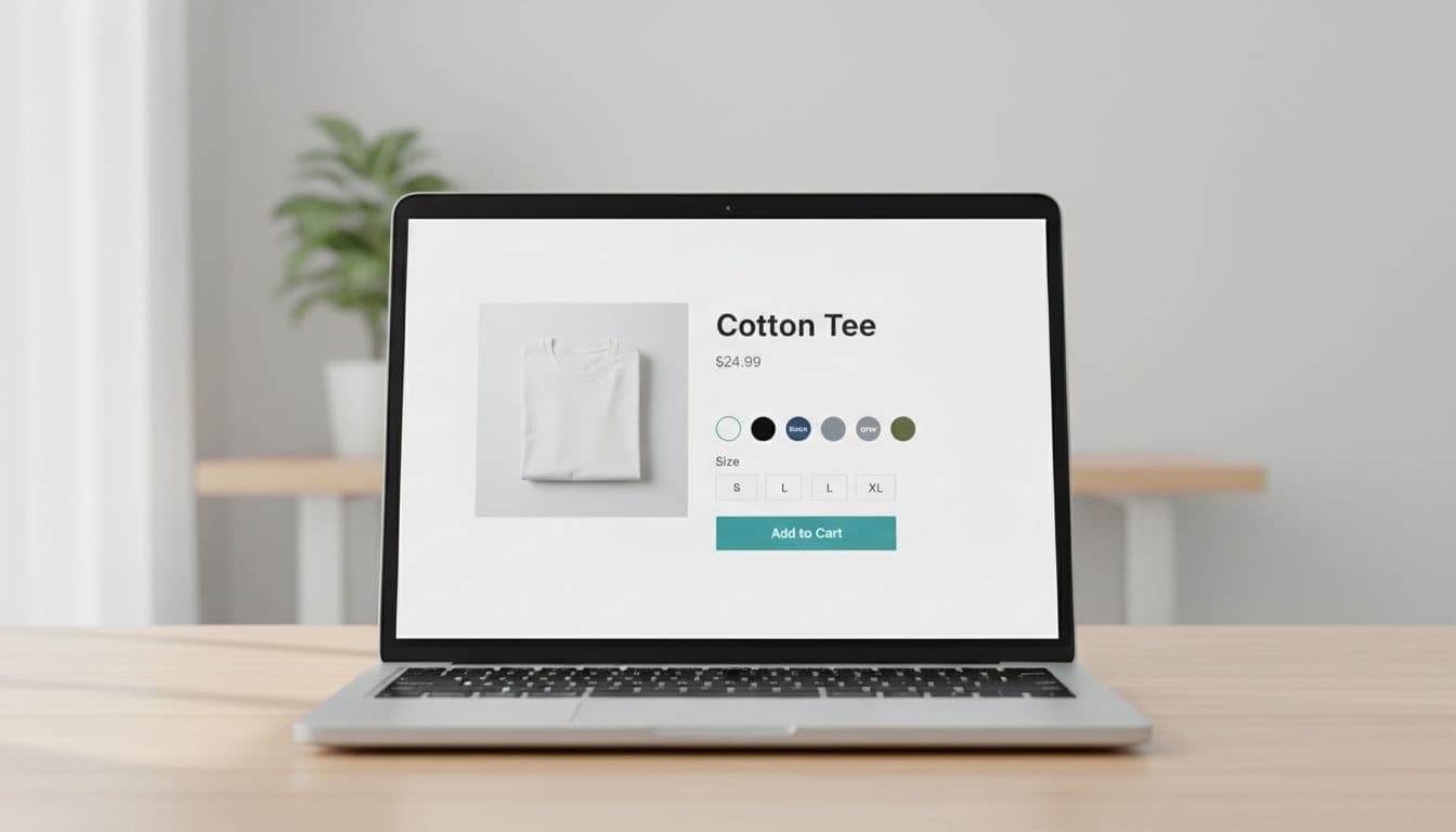 Quick view modal open on a laptop screen showing Cotton Tee product image, title, price, color swatches, size selector, and prominent add to cart button in a clean modern light mode interface. Modal centered with backdrop blur on a simple desk background with one laptop, no people or extra text.