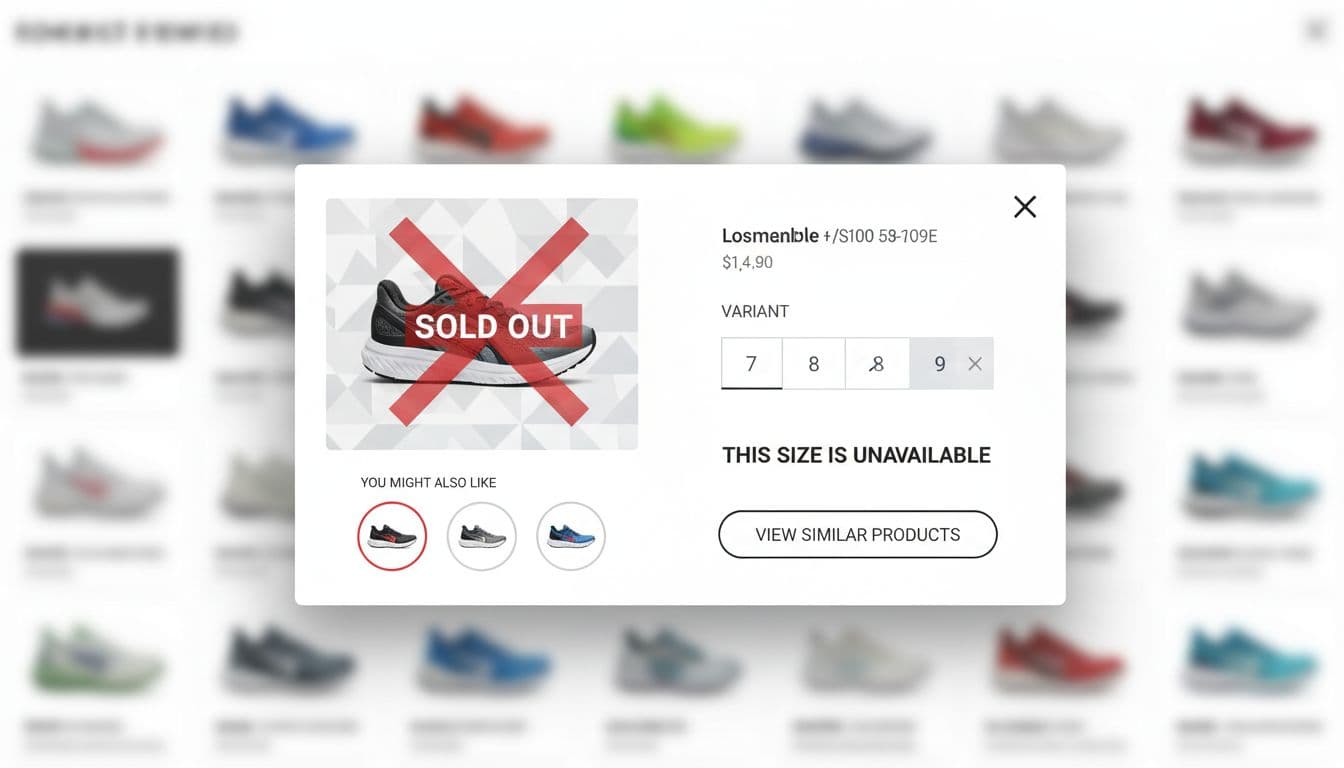 A clean desktop overlay modal in an ecommerce interface demonstrating graceful handling of an out-of-stock product variant, featuring a crossed-out product image, grayed-out sold-out selector options, stock indicator, alternative suggestions, and a secondary CTA to view similar items.
